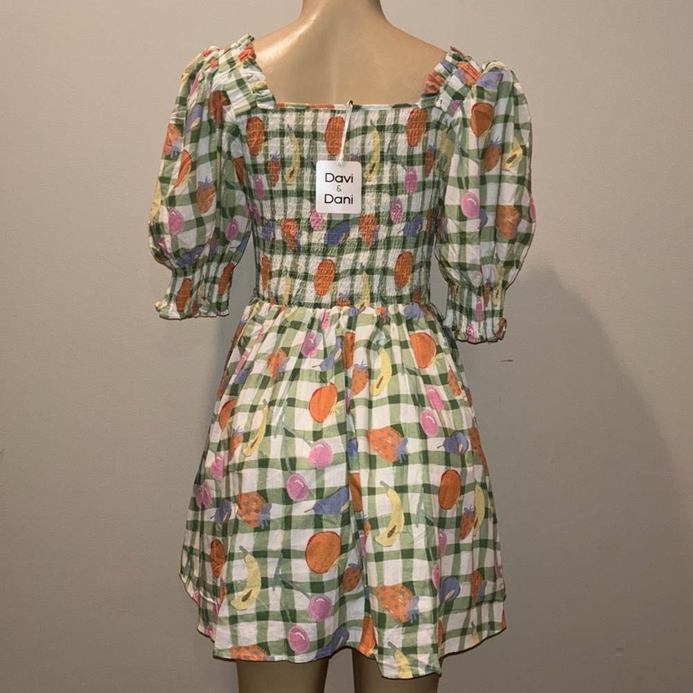 DAVI & DANI FRUITS PRINTED SMOCKING MINI DRESS size L NWT - Picture 9 of 9